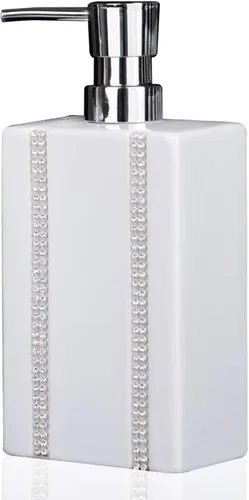 Vista 8 de Dispensador de jabón de cerámica negra con bomba plateada para baño, dispensador de jabón líquido de manos recargable, diseño de moissanita