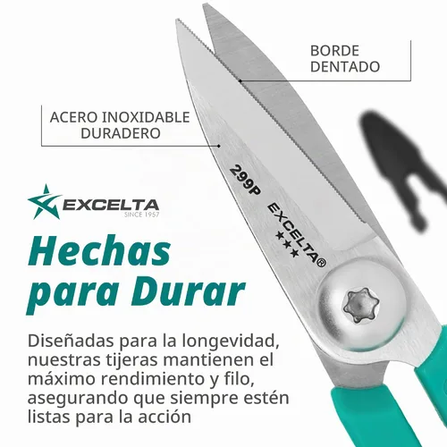 Vista 2 de Excelta Tijeras de corte Kevlar, cuchillas de acero inoxidable de 5.5 pulgadas, longitud de hoja recta de 1.75 pulgadas, borde dentado, asas