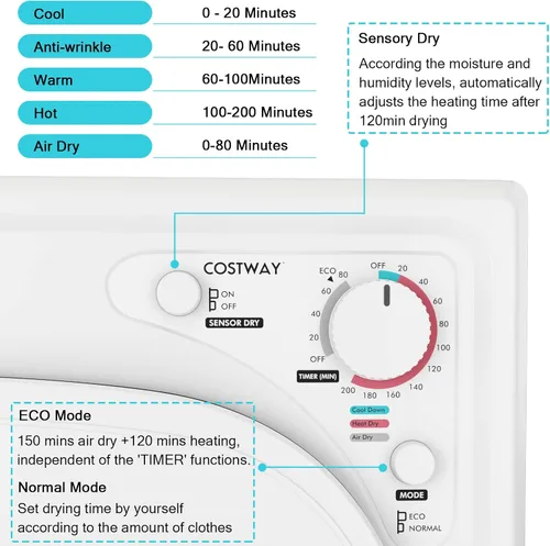 Vista 6 de Secadora portátil de acero inoxidable con panel táctil, 2 modos, 4 programas de secado y ventilación de escape ajustable, 13.2 libras, carga