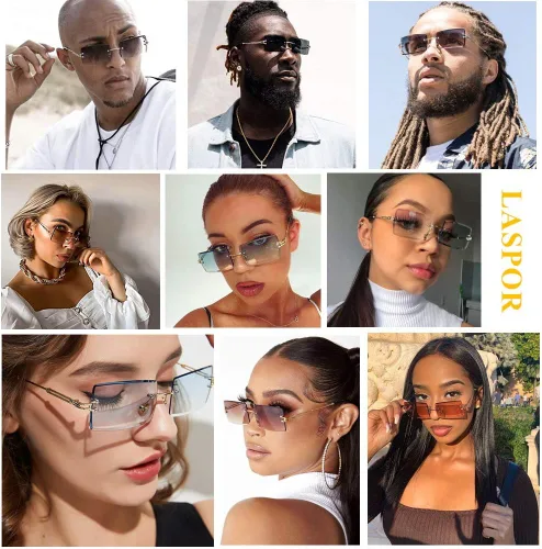 Vista 4 de LASPOR Gafas de sol rectangulares sin montura retro para mujeres y hombres, lentes teñidas de metal dorado, sin marco, gafas cuadradas vintage