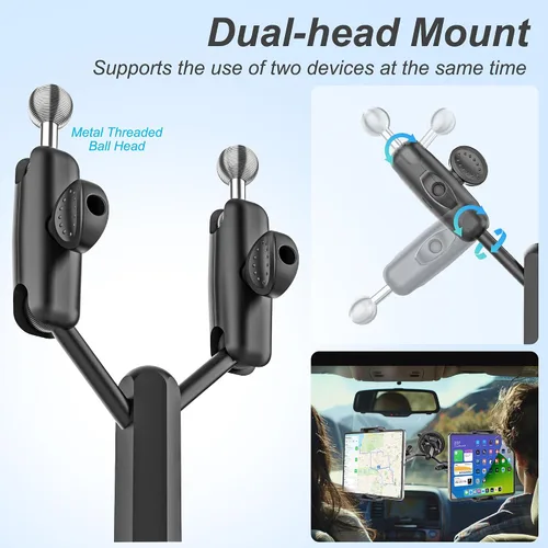 Vista 2 de Soporte para tableta de parabrisas de camión de doble cabezal, cabezal de bola de metal ajustable de rotación de 360°, funda de grosor de ajuste