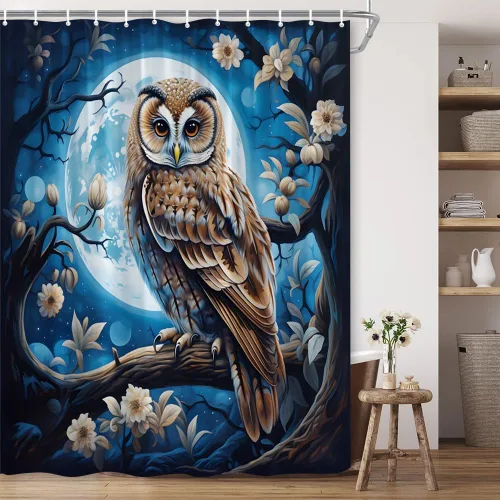 Vista 2 de Cortina de ducha con diseño de búho, luna llena, vida silvestre, azul marino, fantasía, flores estrelladas, bosque brumoso, escena de animales, tela