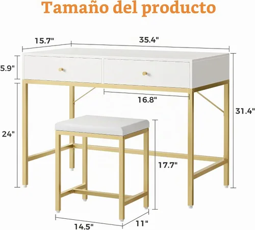 Vista 3 de SUPERJARE Escritorio blanco y dorado de 35.4 pulgadas con 2 cajones, tocador de maquillaje moderno con taburete acolchado, escritorio pequeño