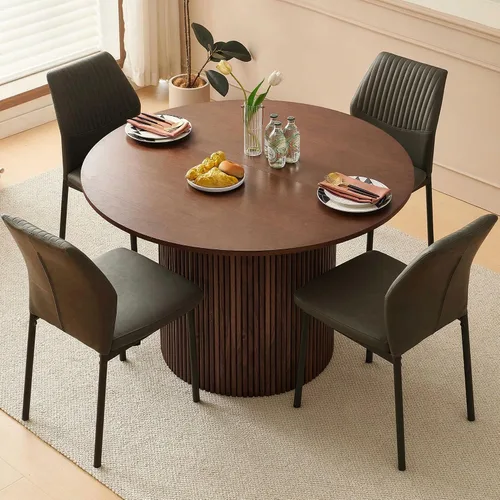 Vista 47 de Juego de mesa de comedor para 4, mesa de comedor rectangular irregular de madera moderna, sillas de comedor de cuero, 4 mesas y sillas, juego de 4
