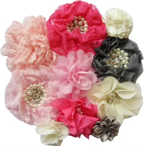 Vista 6 de YYCRAFT Juego de 40 flores de gasa artesanales, flores de pelo hechas a mano para bricolaje, kit de lazo (rosa/gris/marfil)