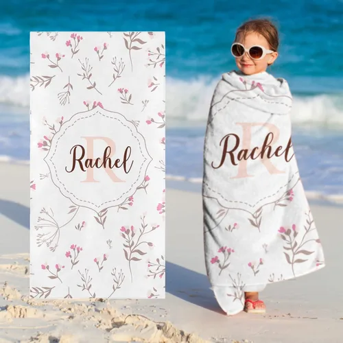 Vista 8 de Toallas de playa personalizadas para bebé niña con nombre para niños y adultos, toalla de baño de algodón con flores de acuarela personalizadas