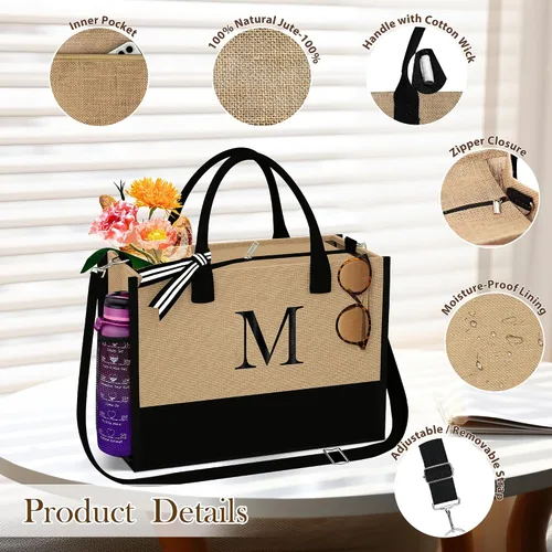 Vista 4 de TOPEAST Jute Initial Tote Bag Burlap Beach Bag Personalized Birthday Gifts for Women Teacher Mom Bridal Bridesmaid Gifts