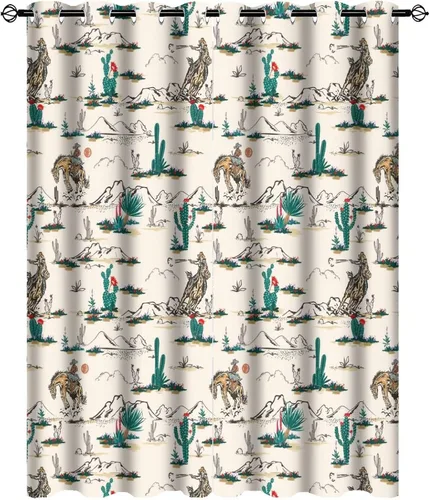 Vista 22 de Cortinas opacas retro de vaquero occidental para dormitorio, estilo rústico, cactus, salvaje oeste, vaquero, paseo, caballo, con ojales, aislamiento
