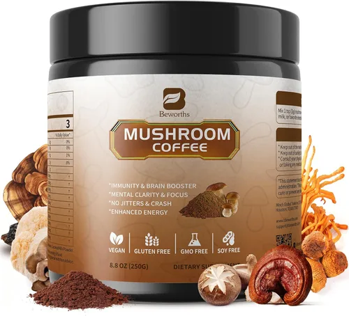 Vista 10 de Café de hongos - Café instantáneo en polvo de hongos de melena de león con melena de león, reishi, chaga, cordyceps y cola de pavo - Alternativa