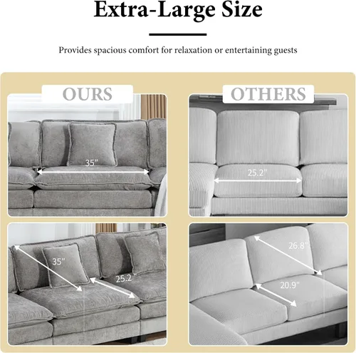 Vista 108 de Sofá seccional modular verde de 111.5", sofás seccionales grandes de 3 plazas para sala de estar, sofá nube oversized de tela chenille con otomana