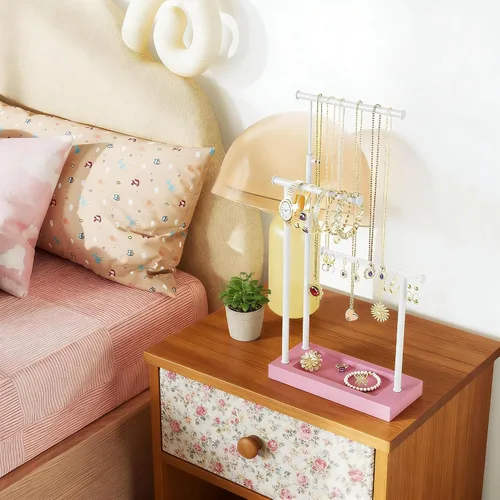 Vista 2 de SRIWATANA Soporte Organizador de Joyas, Soporte para Collar Extra Alto, Soporte para Joyas, Idea de Regalo (Rosa y Blanco)