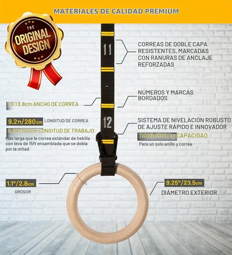 Vista 4 de Anillos de gimnasia de madera Double Circle con correas numeradas de ajuste rápido y guía de videos de ejercicios - Anillos de entrenamiento