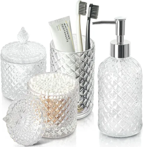 Vista 8 de RYTOXILO Juego de accesorios de baño negro mate, paquete de 4 juegos de accesorios de baño negros, dispensador de jabón de vidrio de diamante