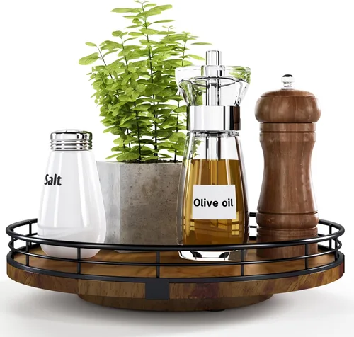 Vista 38 de Marble Lazy Susan - Tocadiscos para mesa, bandeja redonda de mármol de grano de madera antigua de 10 pulgadas para mesa de comedor, encimera de Negro