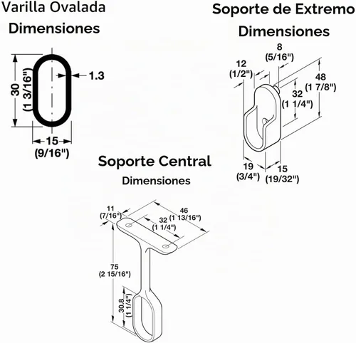 Vista 3 de Kit de varilla para armario - Varilla ovalada, 92 pulgadas (233,7 cm) de largo con 6 tapas terminales y soporte central. (Cromo)