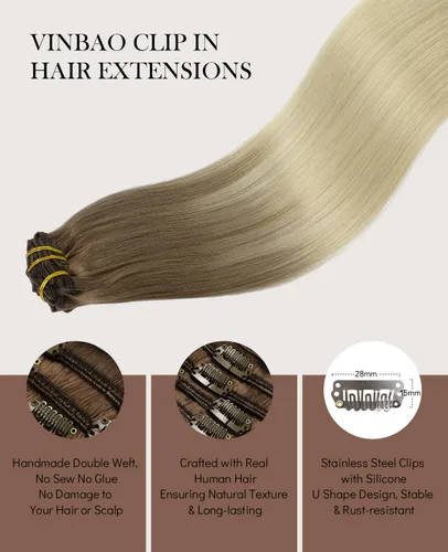 Vista 48 de VINBAO Extensiones de cabello humano con clip, balayage, color marrón ceniza a rubio caramelo, 14 pulgadas, 6 unidades, 3.53 onzas, 6