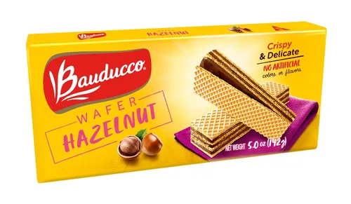 Vista 4 de Bauducco Galletas de oblea, chocolate y avellana, porción individual, 14.1 onzas (paquete de 10), obleas crujientes envueltas individualmente