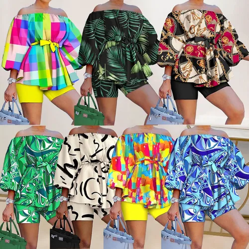 Vista 3 de Conjunto de dos piezas de verano para mujer, casual, estampado floral, camisa de manga larga y pantalones cortos
