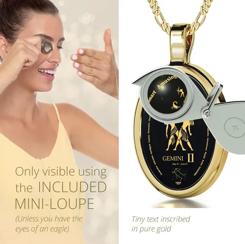 Vista 4 de Gemini Necklace Zodiac Pendant for Birthdays 21st May to 21st June May Star Sign and Personality Characteristics Pure Gold Inscribed in Miniature