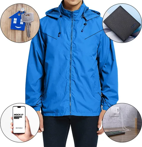 Vista 5 de MYJAJAYI Chaqueta cortavientos ligera para hombre, impermeable, con capucha, con cierre de cremallera