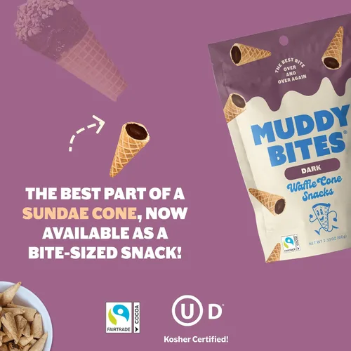 Vista 4 de Muddy Bites - Chocolate Oscuro - Bocados de Cono de Waffle Rellenos Tamaño Bocado para Aperitivo o Postre Hechos con Azúcar de Caña, Kosher