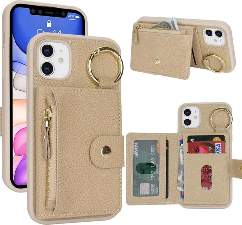 Vista 49 de Funda para iPhone 14 Plus con tarjetero, color negro Funda con cremallera y ranura para mujer y hombre