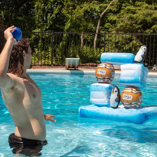 Vista 2 de Stack 'n Splash - Juego de piscina de pingüinos, juguete flotante para objetivo, construirlo, golpéalo, derriba. Juego de 10 piezas con 2 bolas