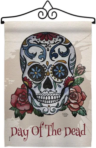 Vista 13 de Bandera de arpillera para jardín del Día de los Muertos, fiesta mexicana, otoño, pequeño regalo, decoración para patio, casa, de doble cara