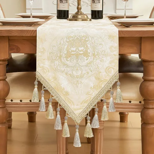 Vista 14 de Loom and Mill Camino de mesa de damasco de lujo de 13 x 72 pulgadas, elegante camino de mesa de comedor de tela jacquard con múltiples cuentas