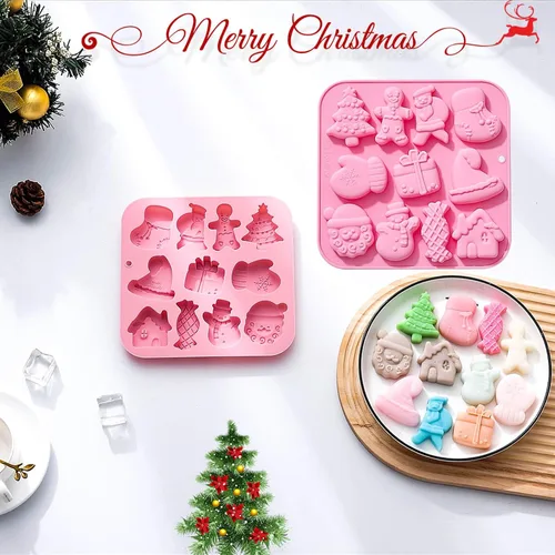 Vista 5 de Paquete de 3 moldes de silicona para hornear navideños, moldes de silicona navideños con forma de árbol de Navidad, moldes para jabón y dulces