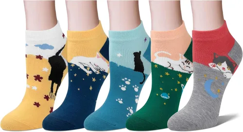 Vista 9 de Justay 5 pares de calcetines de gato - lindos calcetines de algodón de novedad divertidos con diseño de animales para tobillo para mujer, regalos