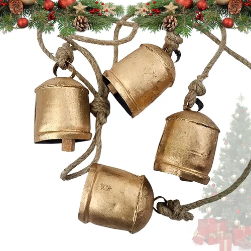 Vista 5 de BELLUXE - Campanas pequeñas de vaca rústicas de metal de estaño de la suerte hechas a mano, campanas de decoración de Navidad con cuerda de yute