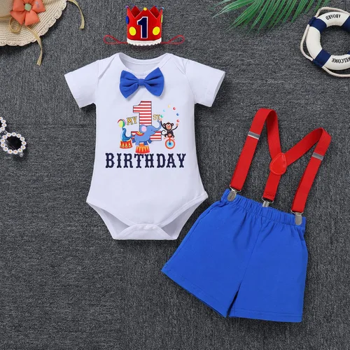 Vista 2 de IBTOM CASTLE Disfraz de carnaval de circo para el primer cumpleaños con temática de carnaval para bebé niño con tirantes y pajarita, sombrero