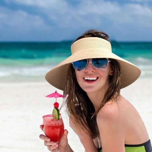Vista 3 de MAYLISACC Viseras solares plegables de paja para mujer, protección solar de ala ancha, sombrero de playa ajustable en topless