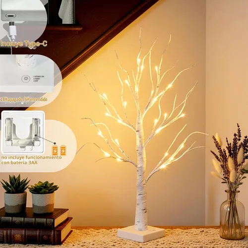 Vista 4 de EAMBRITE Árbol de abedul iluminado para decoración de Navidad para interiores para el hogar, paquete de 24 luces LED, funciona con baterías/USB