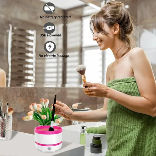 Vista 3 de Limpiador de brochas de maquillaje, máquina limpiadora automática de brochas de maquillaje, limpiador eléctrico portátil de secado rápido y limpieza
