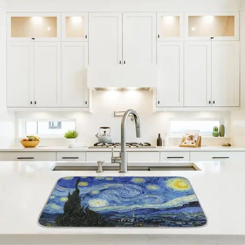 Vista 6 de Tapete de secado de platos de cielo estrellado para cocina, tapete de café, absorbente de agua, resistente al calor, tapete de microfibra