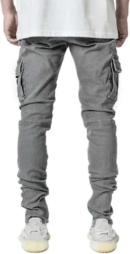 Vista 4 de HUNGSON Pantalones de mezclilla elásticos ajustados para hombre, jeans ajustados rasgados para hombre, pantalones de pierna recta desgastados
