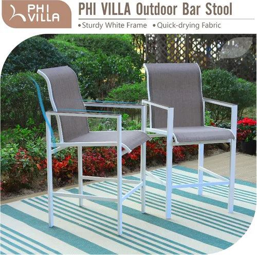Vista 2 de PHI VILLA Juego de 2 sillas de bar para patio, taburete de bar con altura de mostrador con tela de textileno de secado rápido, reposabrazos y Blanco