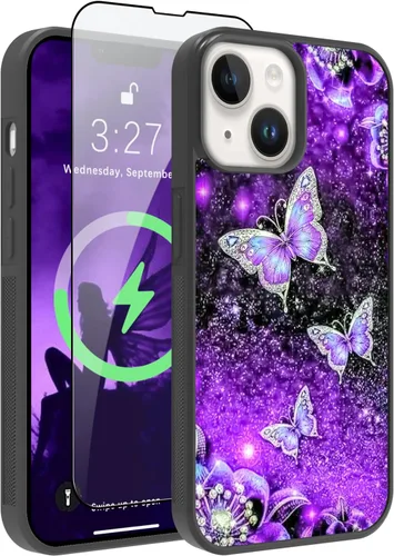 Vista 14 de OOK Diseños para iPhone 14 Pro Max Funda con Purpurina Mariposa Púrpura Diseño de Nebulosa Espacial PC Duro + TPU Suave Parachoques Antideslizante