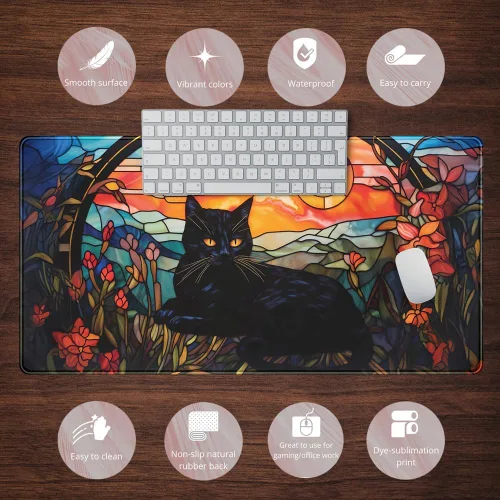Vista 6 de Tapete de Escritorio de Gato Negro Atardecer Vintage, Alfombrilla de Ratón y Teclado de Escritorio, Alfombrilla de Ratón XXL Grande para Laptop