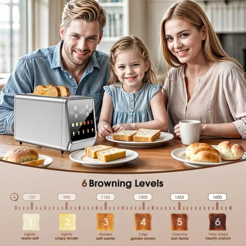 Vista 5 de Tostadora de 4 rebanadas de ranura larga para bagels y pan artesanal, pantalla táctil inteligente digital con función de memoria y modos de una sola
