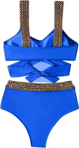 Vista 4 de Women's 2 Piece Solid Bikini Swimsuit Wrap Tie Back Tankini High Waist Bikini Bathing Suit Beachwear