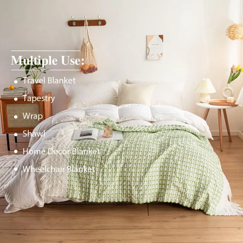 Vista 6 de Simple&Opulence Manta de 100 % algodón para cama, sofá, tejido jacquard de hilo teñido con borlas, suave, ligera, acogedora, transpirable, Verde
