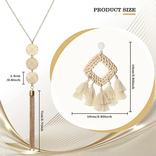 Vista 3 de 3 piezas de bolso cruzado de paja para mujer bolso de hombro con borlas de ratán bohemio aretes colgantes étnicos collares largos huecos colgante