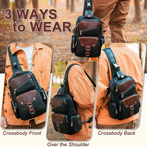 Vista 3 de CENUNCO Bolso bandolera de cuero genuino para hombre, mochila cruzada, casual, senderismo, motocicleta, bolsa de pecho antirrobo, bolso de viaje