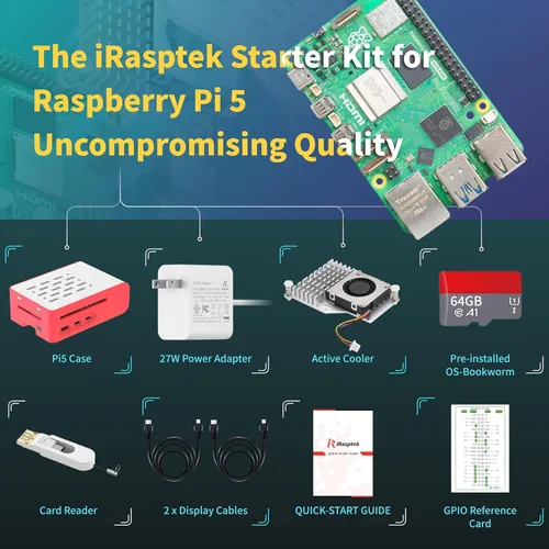 Vista 4 de iRasptek Kit de inicio para Raspberry Pi 5 RAM 4GB-64GB Edición de OS-Bookworm precargado (caja roja y blanca)