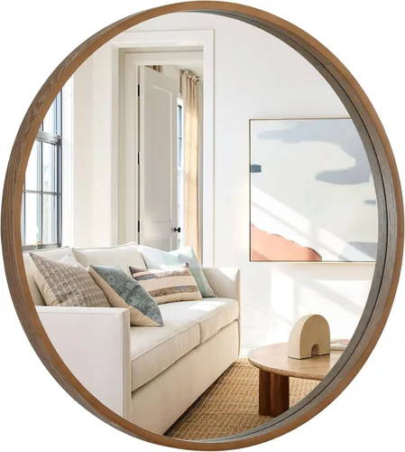 Vista 11 de WallBeyond Espejo redondo negro de madera de 24 pulgadas, espejo de pared circular para baño, espejo de pared redondo para decoración de pared