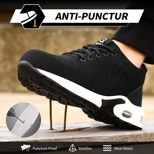 Vista 3 de GLANOUDUN Zapatos de punta de acero para hombre, zapatos de trabajo negros, zapatos de seguridad ligeros para hombres, zapatos de seguridad