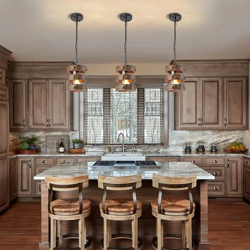 Vista 5 de Paquete de 2 Luces Colgantes de Madera Estilo Granja para Isla de Cocina, Accesorios de Iluminación para Comedor sobre Mesa, Lámpara de Araña